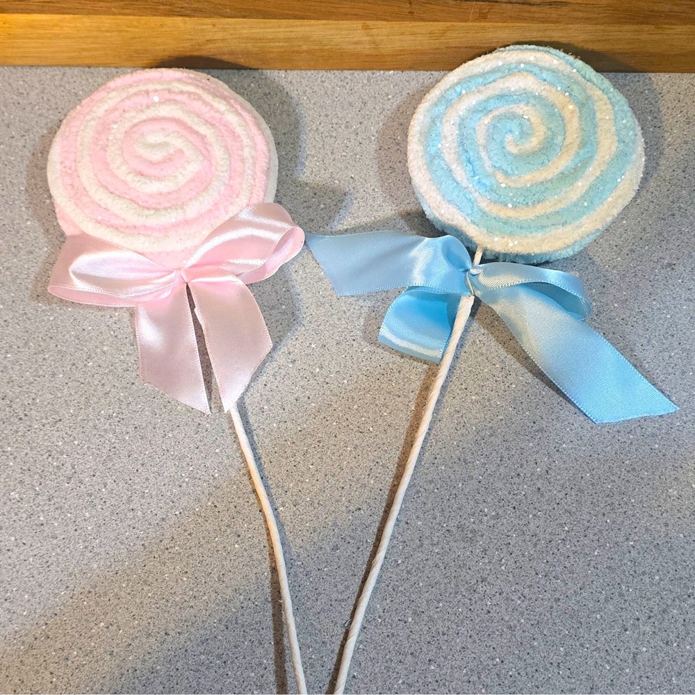 2 Glitter Swirl Lollipop Decorations w/ Ribbon Bows Candy, Candyland Picks